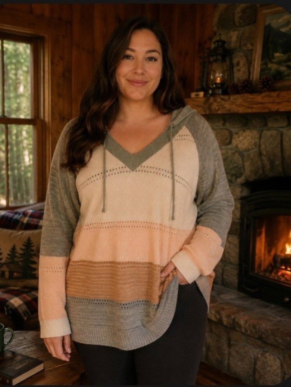 Gray Brown Peach Cream Colorblock Hoodie Pullover Top NWOT Size O/S Cabincore